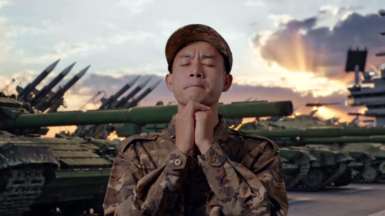 Primo piano di un soldato asiatico in uniforme militare che prega vicino a un carro armato