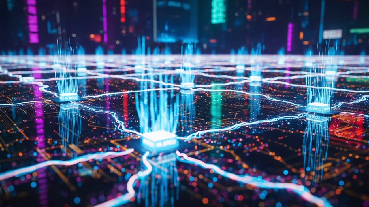 Futuristic Digital Network: A Vibrant Visualization of Nodes and Connectivity in a Cybernetic Urban Landscape