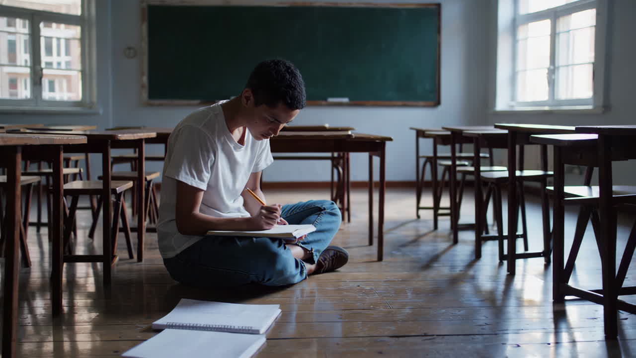 Student Studying in Empty Classroom