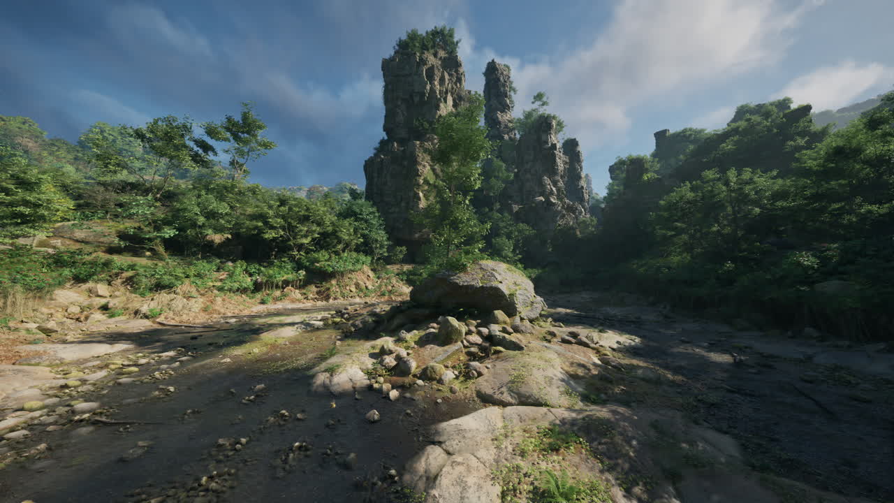 웅장 한 바위 형성 으로 이어지는 경치 좋은 정글 길