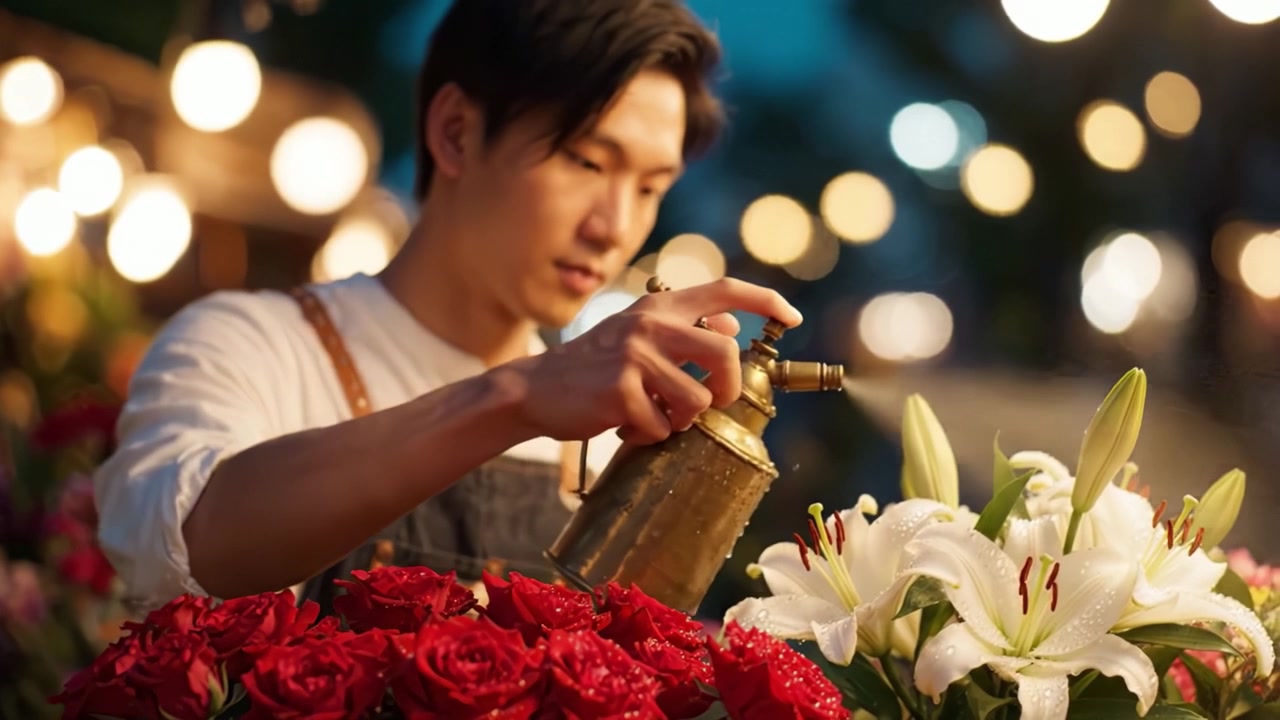 부드러운 주변 조명과 활기찬 꽃 시장이 어우러진 밤, 한 플로리스트가 장미와 백합으로 아름다운 부케를 즐겁게 만들고 있다.
