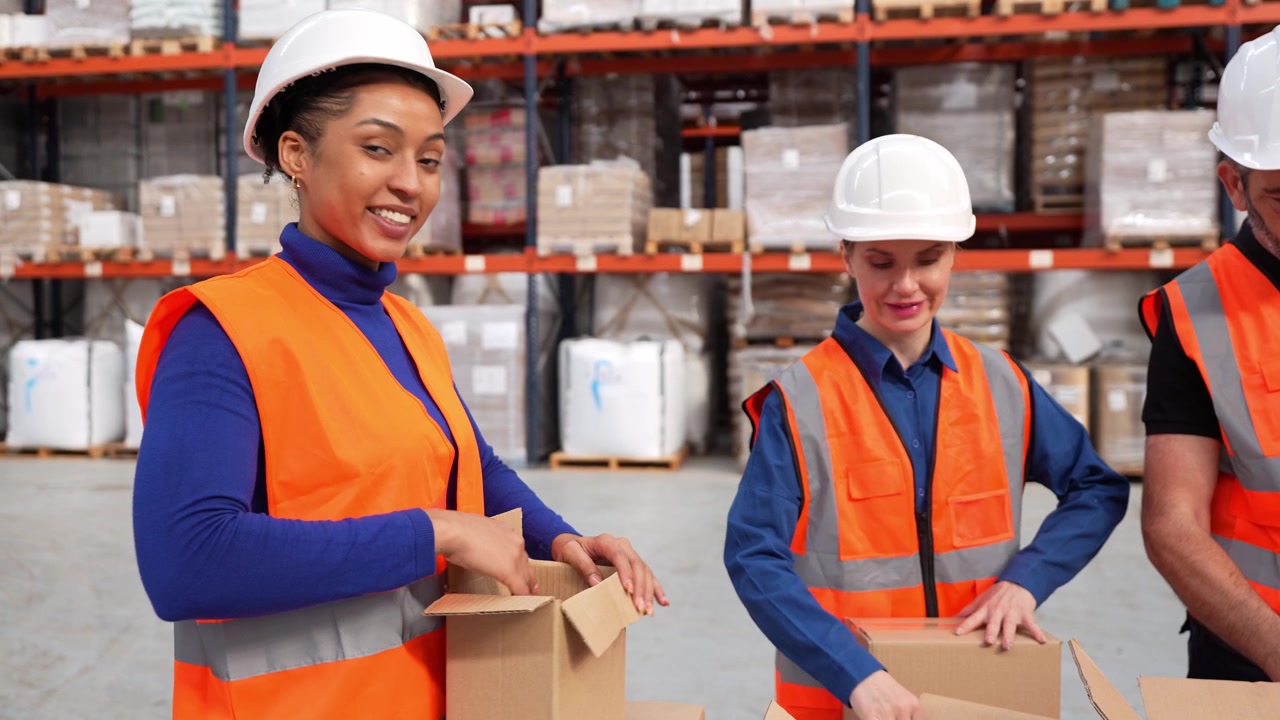 Warehouse Workers Packing Cardboard Boxes for Shipment