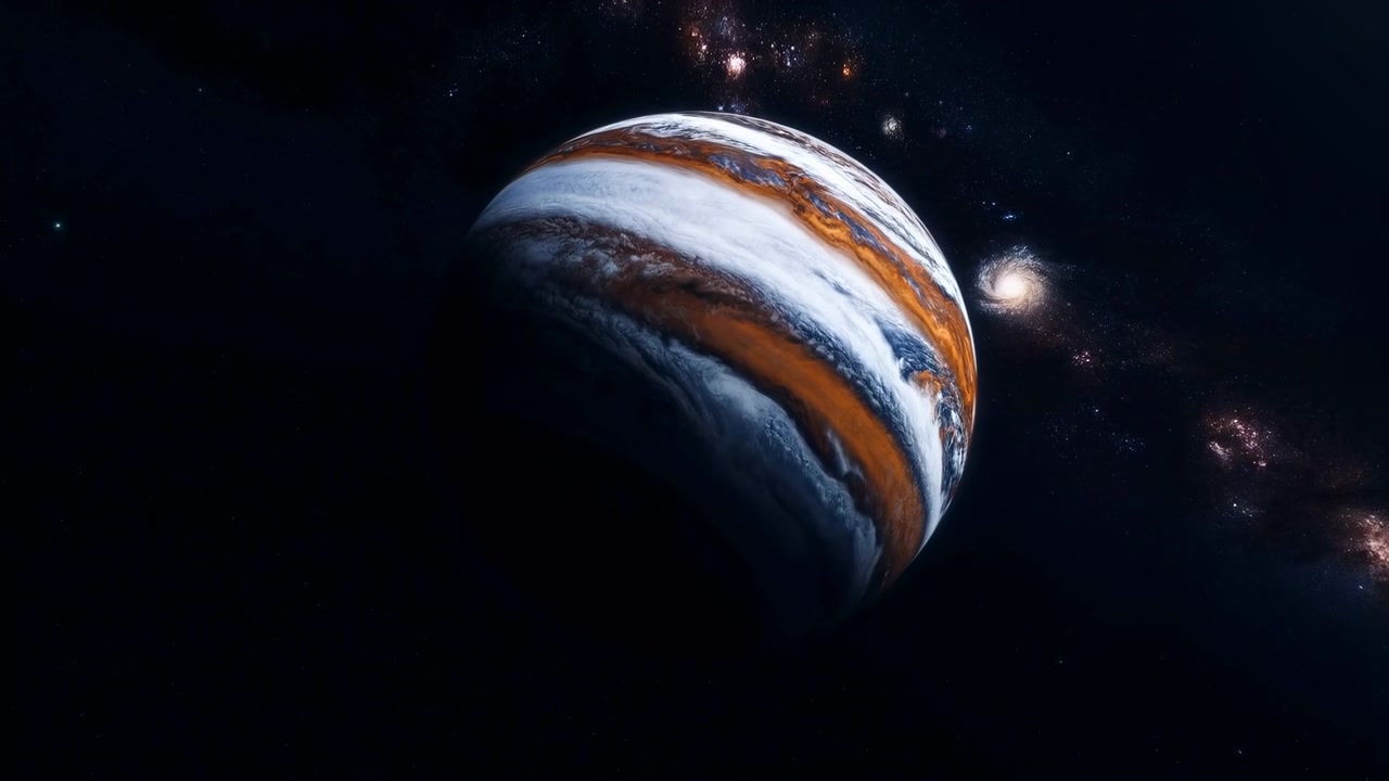 Orange And White Gas Giant Planet Orbiting In Deep Space, Banded Cloud Layers And Swirling Storm Details,