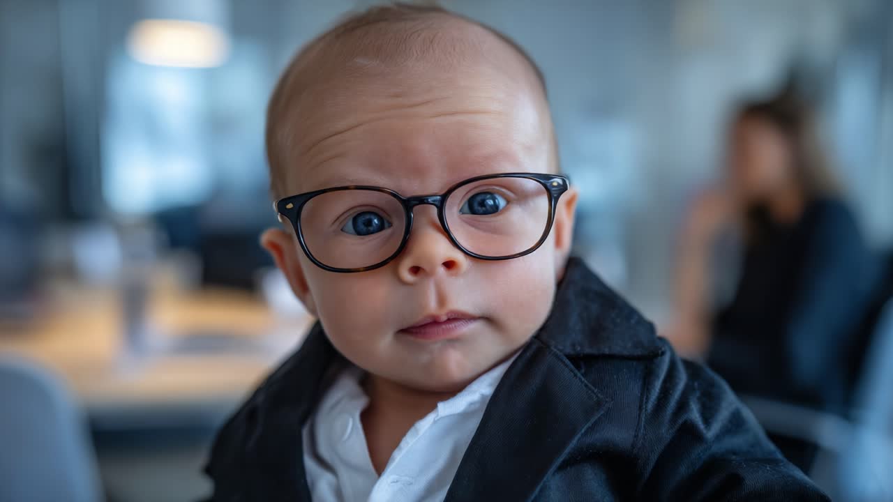 Un bambino elegante con occhiali alla moda conquista con un'espressione adorabile in un ambiente professionale, mostrando un fascino e una personalità unici in ogni immagine.