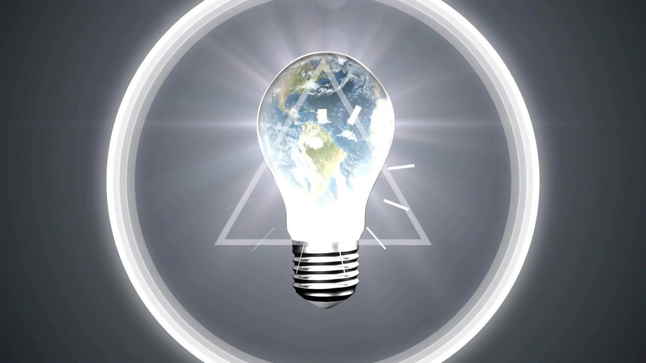 Impulso triangolare che avvia l'illuminazione di una lampadina a globo, il globo che si rivela e scintille che pulsano per mostrare il pianeta.