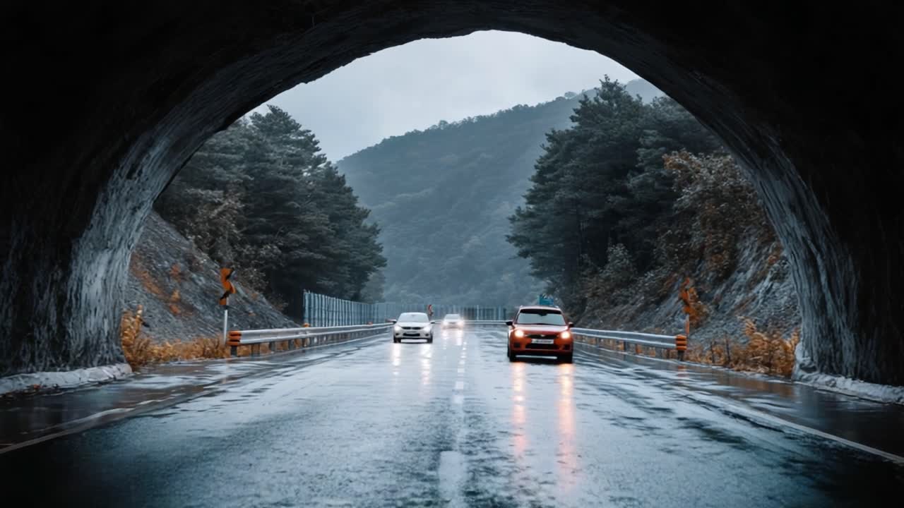 A Scenic Drive Through a Rainy Tunnel: Captivating Views of Nature as Vehicles Pass by While the Sky is Overcast and the Ground is Wet