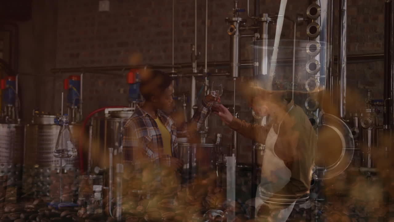 distillery operator and distiller inspecting spirit sample near steel tanks with motion icons
