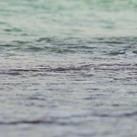 a turquoise sea waves cover the coast and take small grains of sand with it. close-up. blurred background.