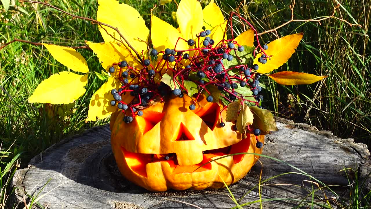 Calabaza espeluznante de Halloween. El monstruo se sienta en un tocón de árbol