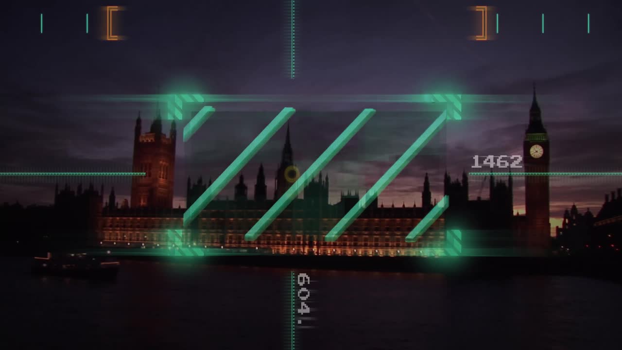 animación del procesamiento de datos financieros sobre el paisaje urbano de londres