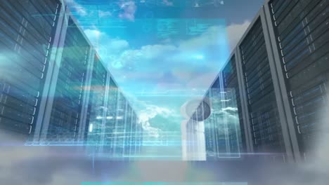 animación del procesamiento de datos y la sala de servidores en las nubes