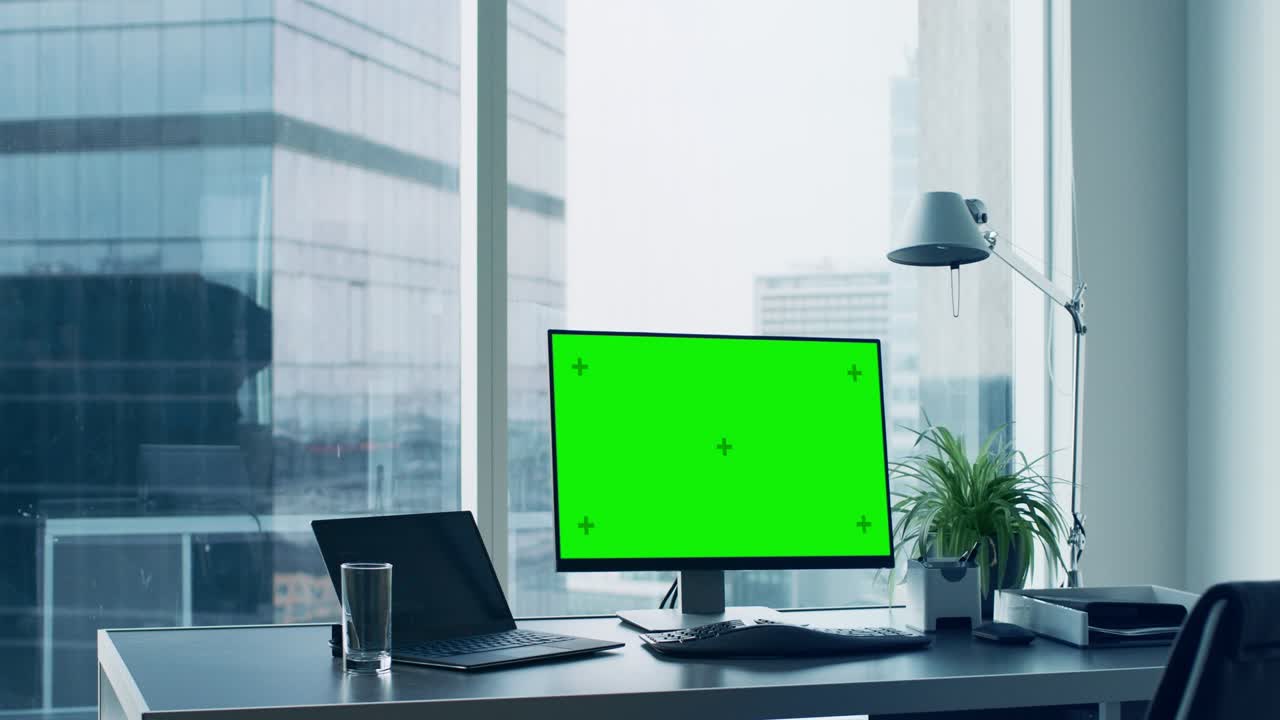 Carrellata della scrivania dell'ufficio con un computer personale con schermo mock-up verde. Stanza moderna ed elegante con vista su un quartiere degli affari di una grande città