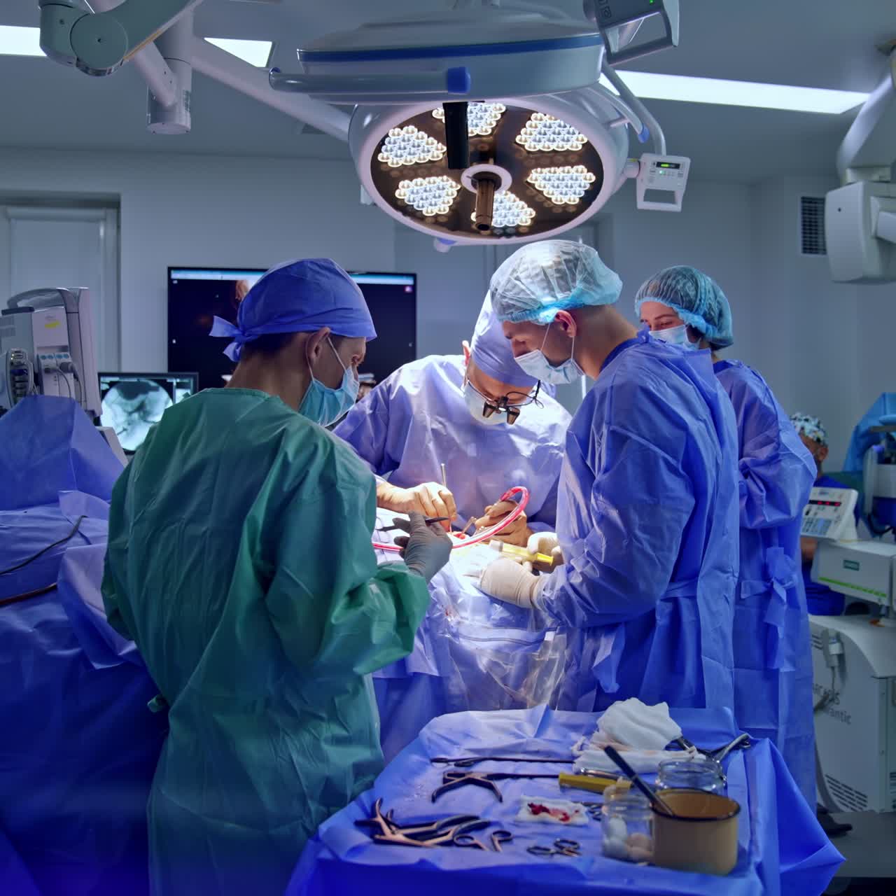 Well-equipped advanced hospital surgery room for neurosurgical procedures. Team of professionals working at operational table performing microsurgery