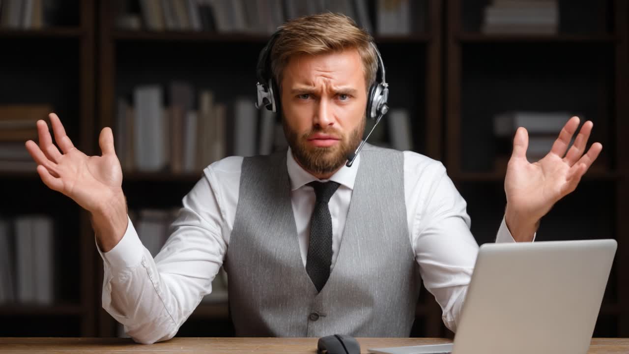 A male professional in a headset displays a confused expression while gesturing with his hands, reflecting a moment of frustration during a virtual communication or meeting scenario