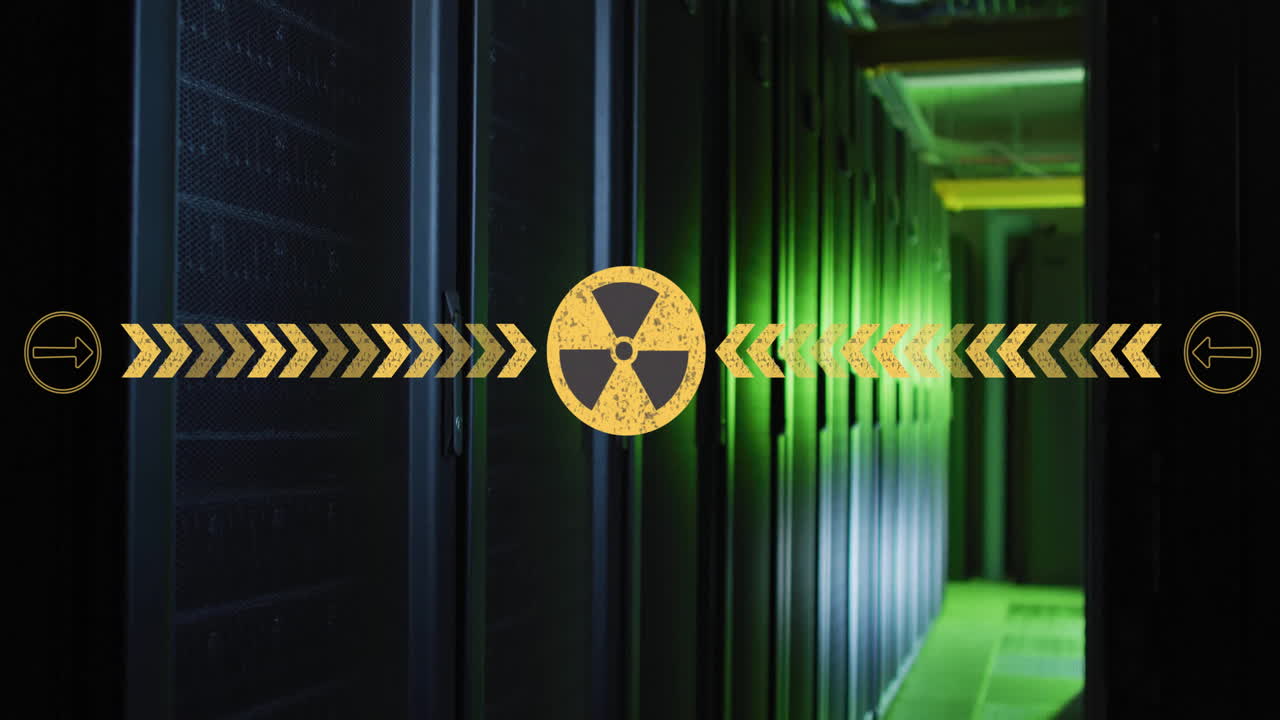 Radiation warning symbol glowing in server room with green lighting ambiance