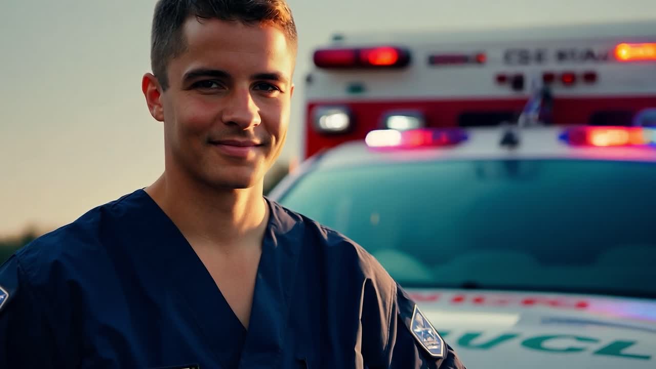 구급차 앞 에서 미소 짓는 구급대원