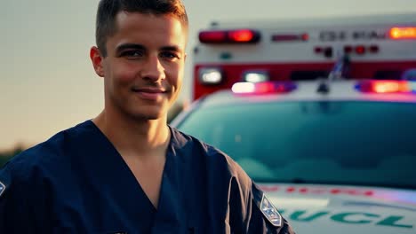 paramedic smiling in front of an ambulance