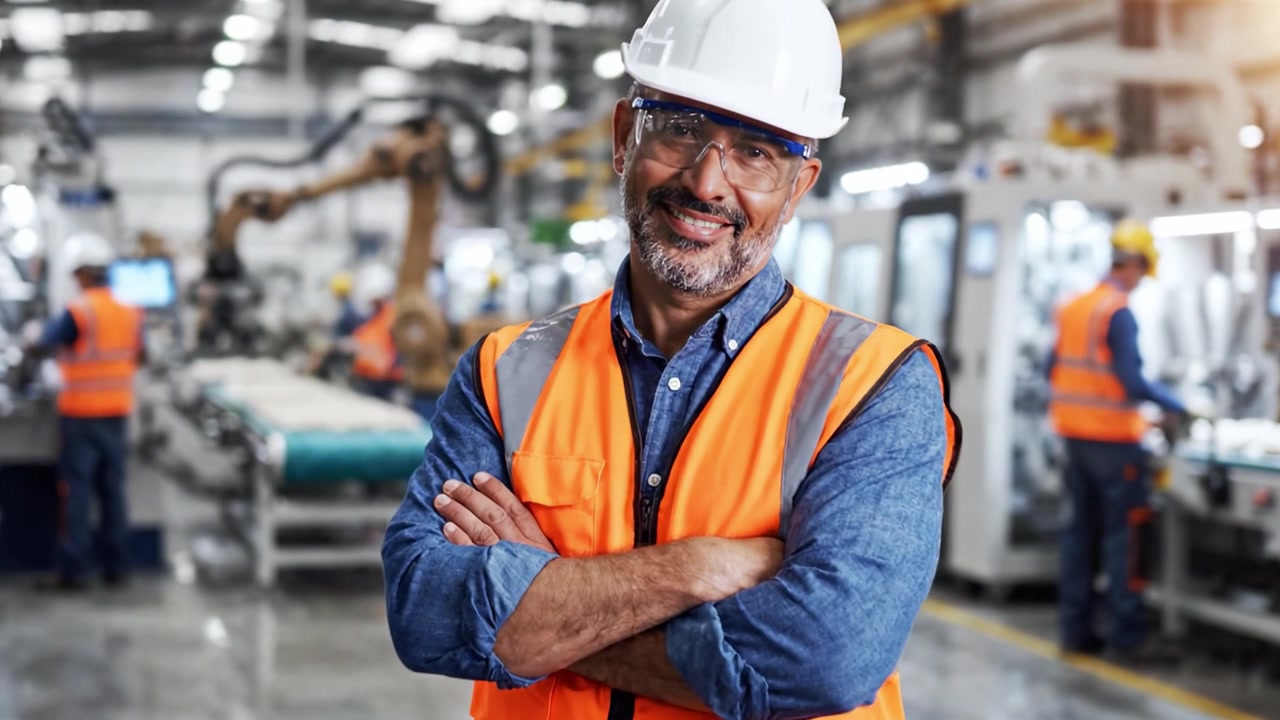 Operaio industriale fiducioso con equipaggiamento di sicurezza in un moderno impianto di produzione che mostra macchinari ad alta tecnologia e un ambiente di lavoro collaborativo.