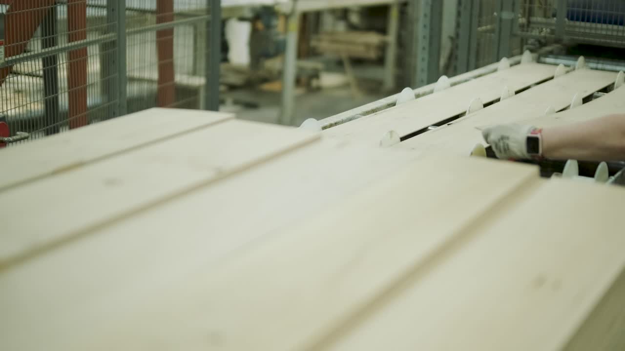 Operaio che smista assi di legno su un nastro trasportatore in una fabbrica di legno
