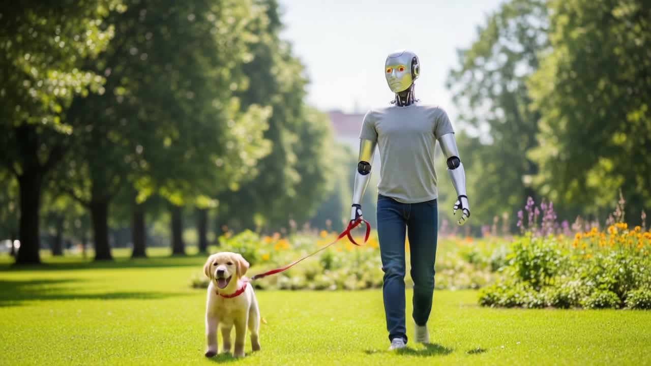 Futuristic Companion: A Humanoid Robot and a Dog Enjoying a Leisurely Stroll Through a Lush Park Filled with Greenery and Colorful Flowers Under Bright Sunshine