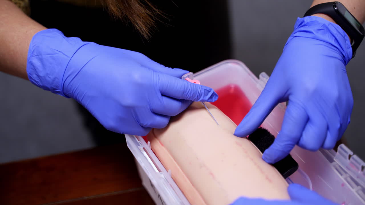 Surgeon student trains to inserting needle for catheter on medical dummy. Hands in blue latex gloves.