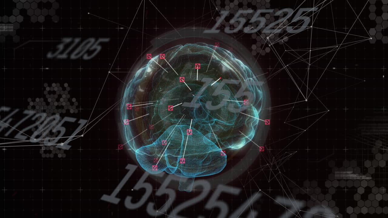 Animation of numbers changing over glowing human brain spinning in background