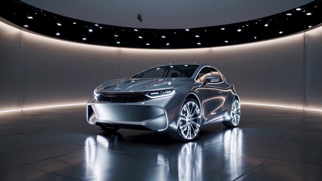 Futuristische Zilveren Elektrische Conceptauto in Moderne Showroom