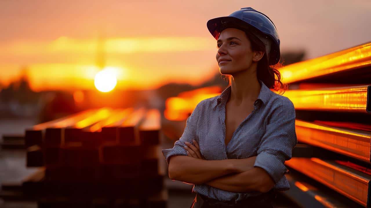 Donna determinata con cappello in piedi con sicurezza tra travi d'acciaio e un bellissimo tramonto, a simboleggiare forza, resilienza e l'essenza del lavoro edile