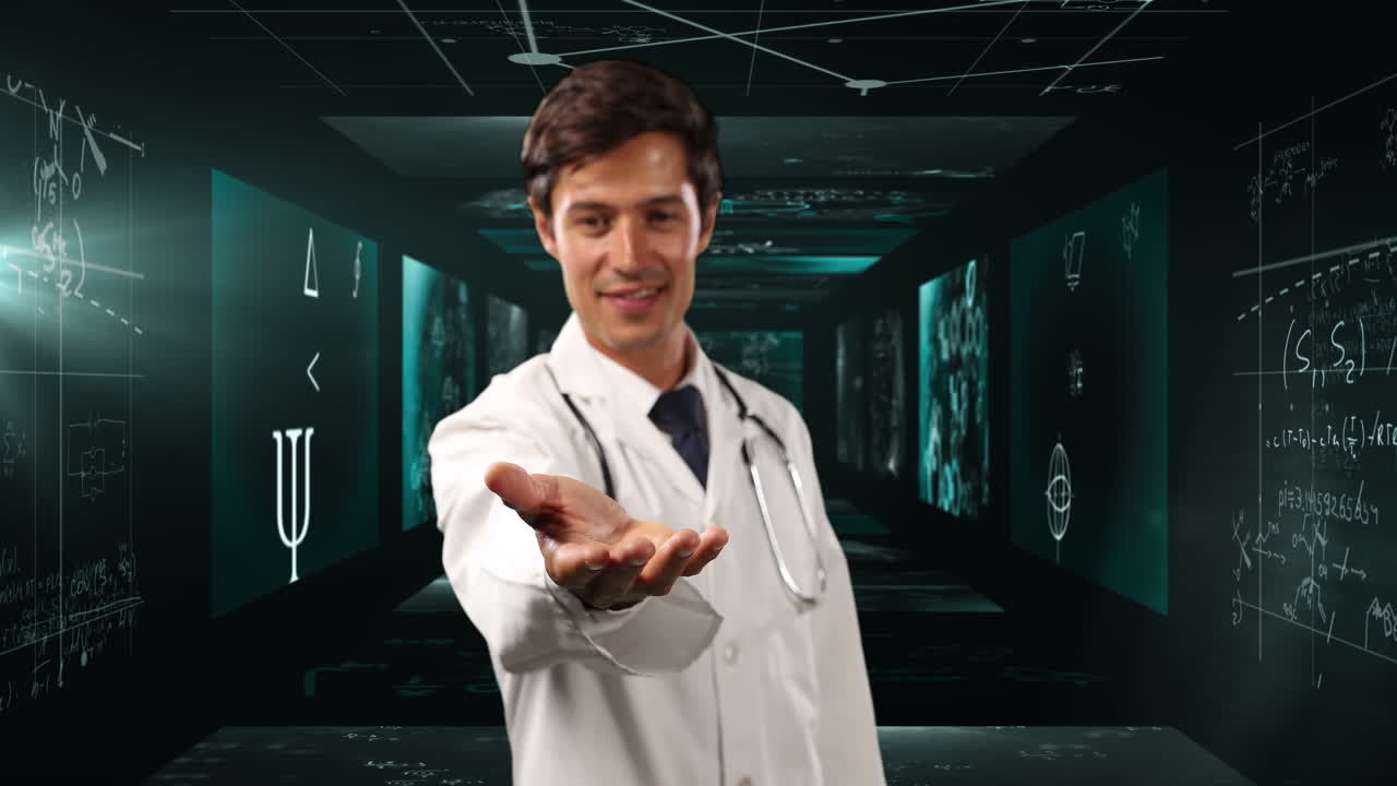 animación de ecuaciones matemáticas y llamas sobre el médico caucásico masculino