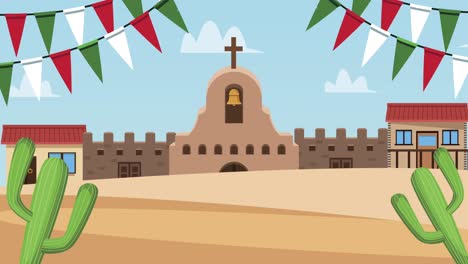 guirnaldas y cactus en la escena del pueblo