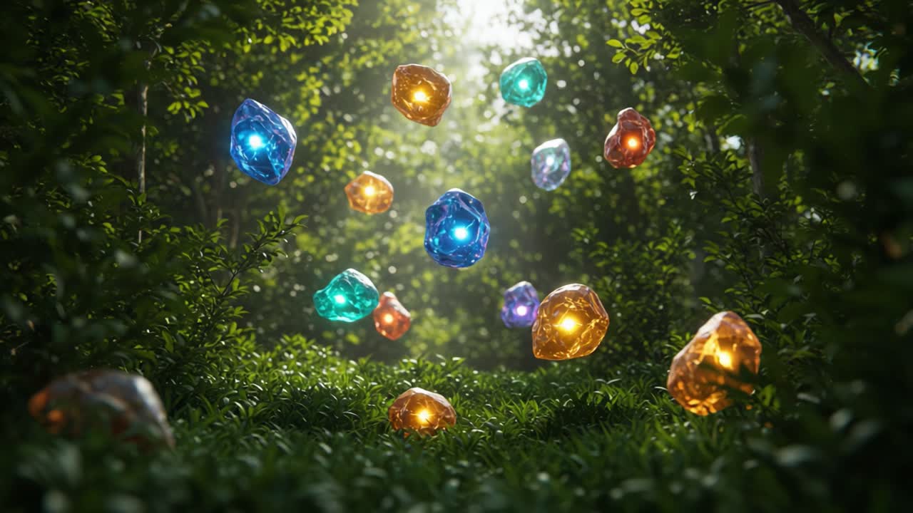Floating Crystals in Enchanted Forest - A Mesmerizing Display of Colorful Gems Suspended in Air Amidst Lush Greenery, Creating an Ethereal Atmosphere of Magic and Wonder