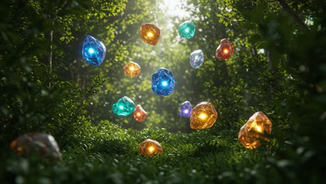 floating crystals in enchanted forest - a mesmerizing display of colorful gems suspended in air amidst lush greenery, creating an ethereal atmosphere of magic and wonder