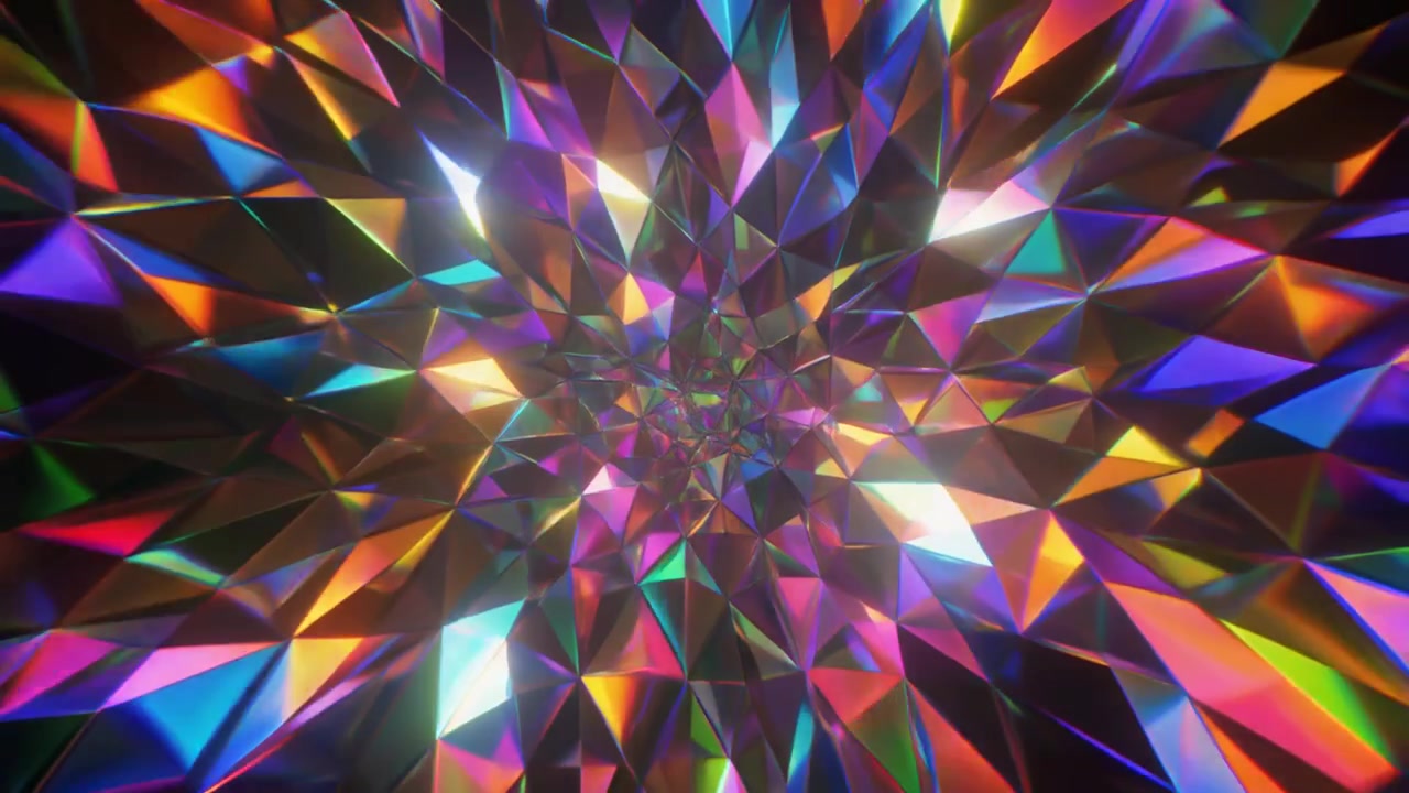 Sfondo astratto in movimento con forme di cristallo geometriche iridescenti rotanti