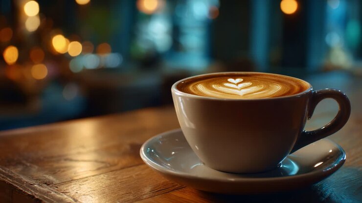 A beautifully crafted cup of latte coffee featuring an intricate heart-shaped design on top, set against a softly illuminated cozy café background