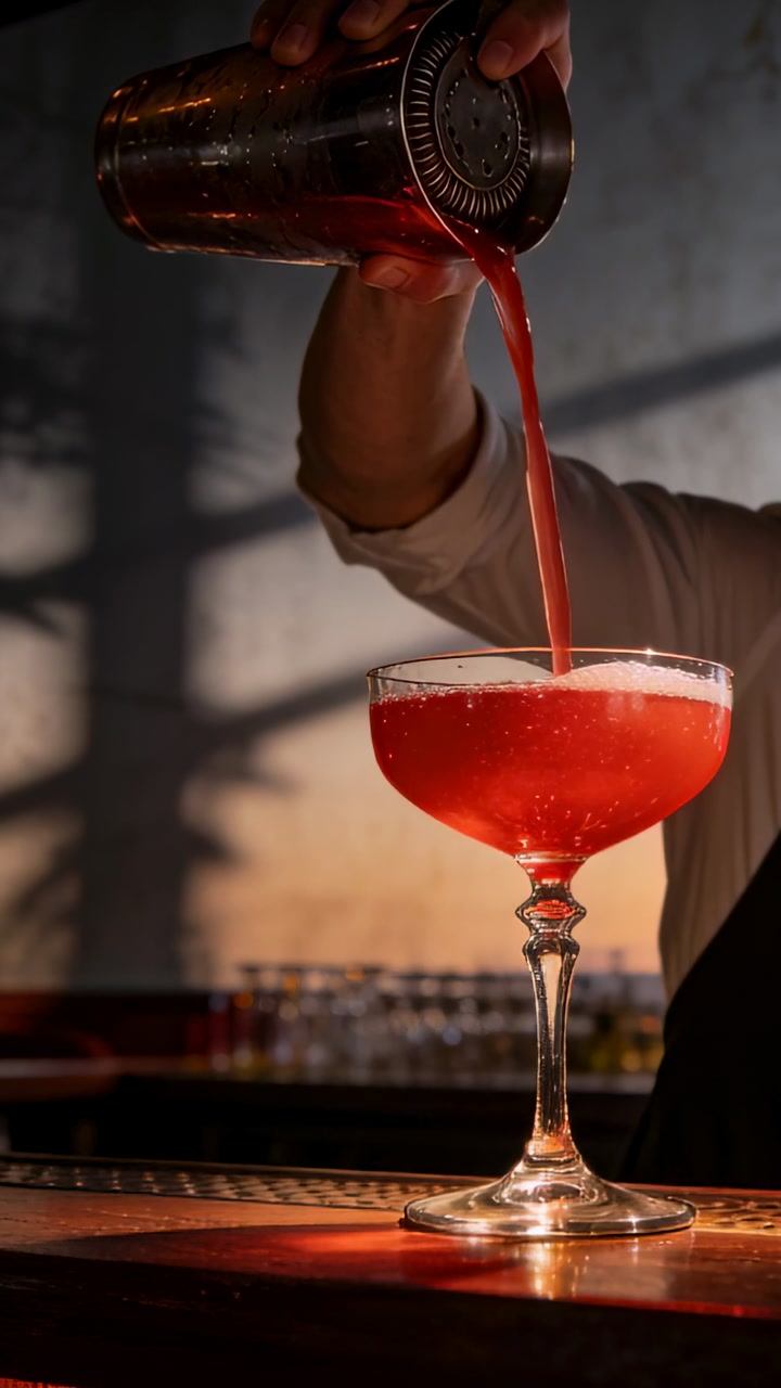 Vertical video: Tilting shaker bartender in white shirt pouring red drink into coupe at bar serving