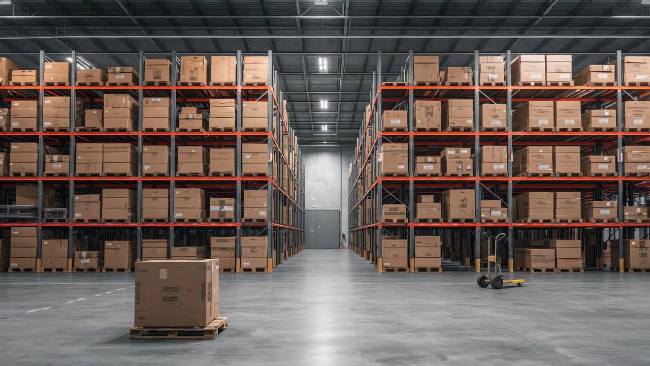 Fixed camera capturing warehouse aisle under LED lights with racks, boxed pallet, and pallet jack