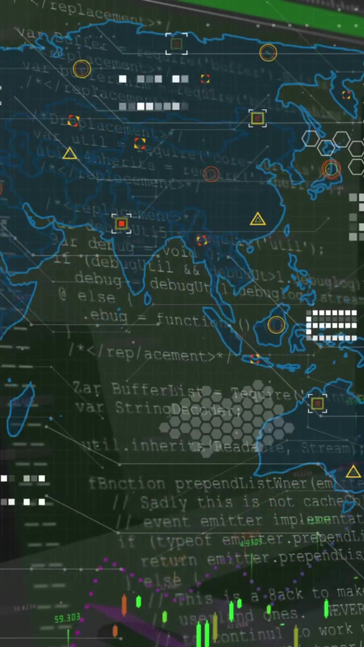 Animation of world map, icons, graphs and data processing on dark green background