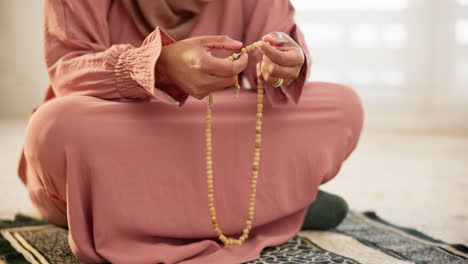 islamic, beads or hands of woman in prayer to god