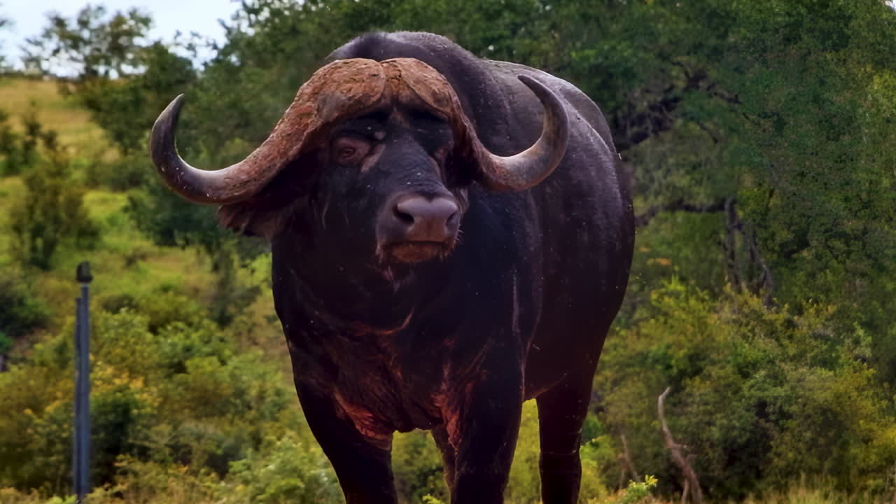 Un grande bufalo africano sta all'erta nella lussureggiante e verde boscaglia della savana.