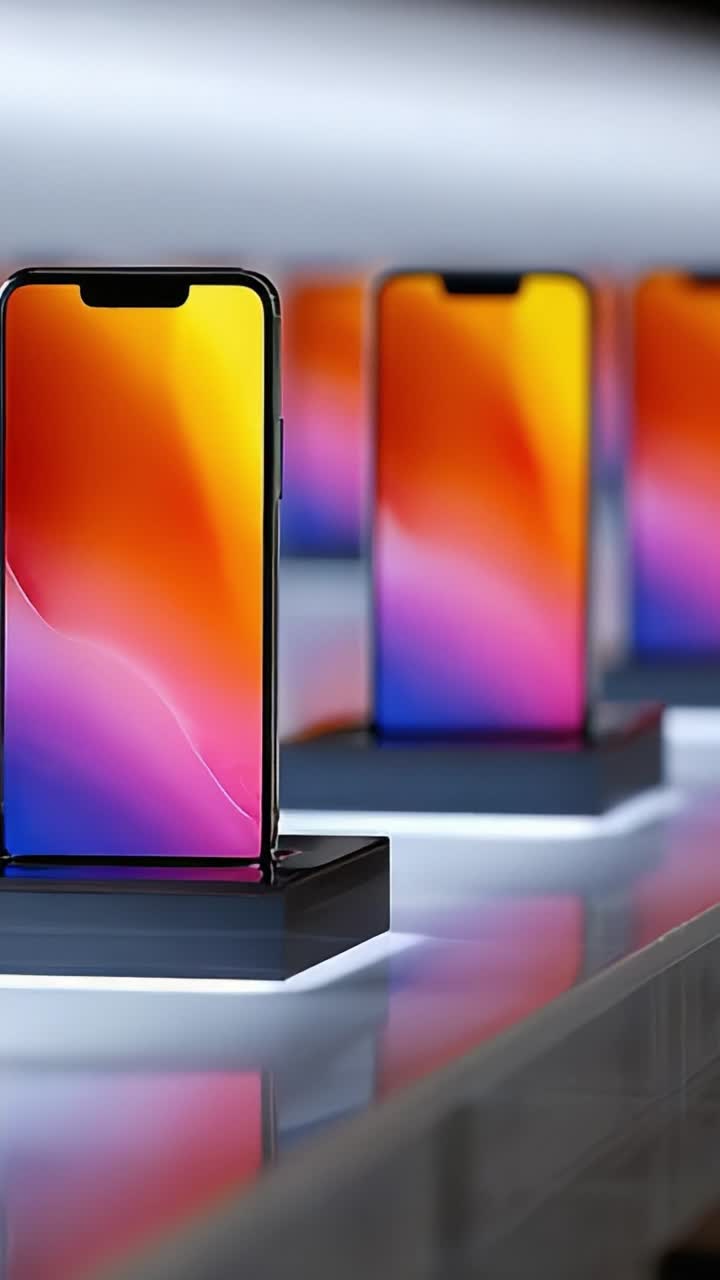 Un esempio di tecnologia moderna: smartphone eleganti mostrano colori vivaci e un design all'avanguardia in un ambiente contemporaneo con illuminazione da negozio