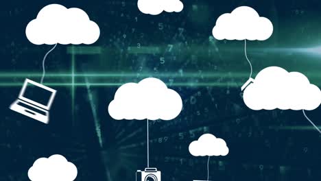 Animation-of-cloud-icons-and-data-processing-over-dark-background