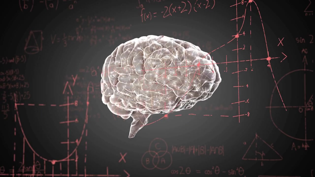 Cervello 3D che ruota e pulsa, con cornici che mostrano appunti e grafici matematici per visualizzare la cognizione