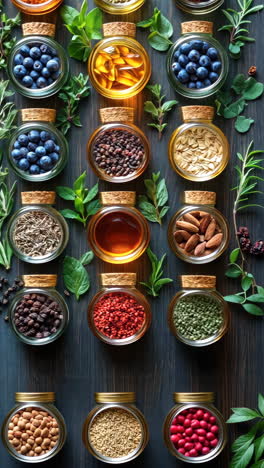 spices, herbs, and oils arranged symmetrically on a dark wooden table