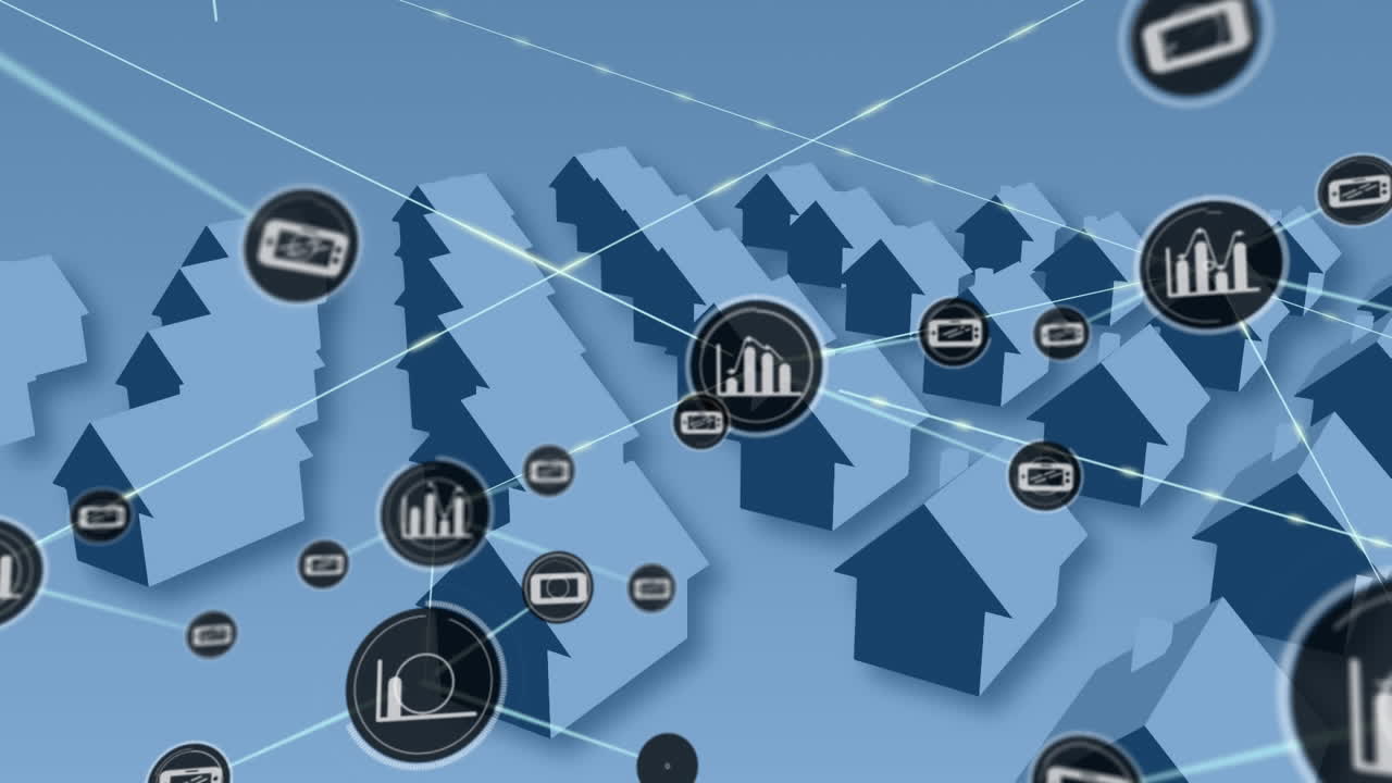 집 의 줄 위 에 있는 아이콘 을 가진 연결 네트워크 의 애니메이션