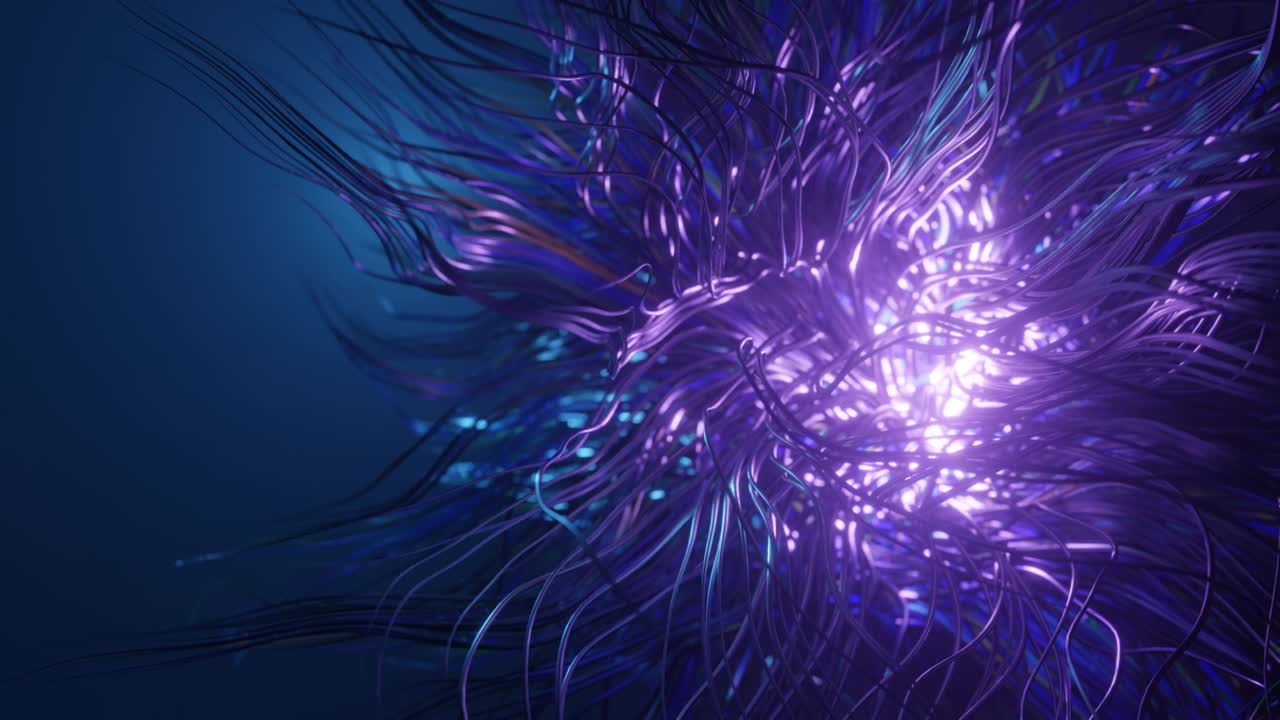 4k sin costuras en bucle bg. rizos vivos bajo el agua como pelaje, hilos o cabellos multicolores. efectos de niebla y dof bokeh. luces volumétricas. fondo misterioso con líneas curvas vivas, primer plano