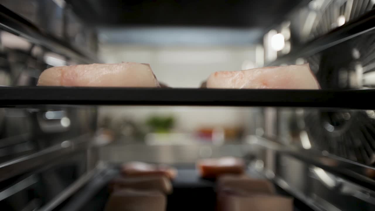 Vista interior de un horno de cocina comercial con platos cocinándose, primer plano