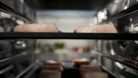 view inside a commercial kitchen oven with dishes cooking, close-up