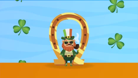 happy saint patricks day postcard with leprechaun in horseshoe golden and clovers