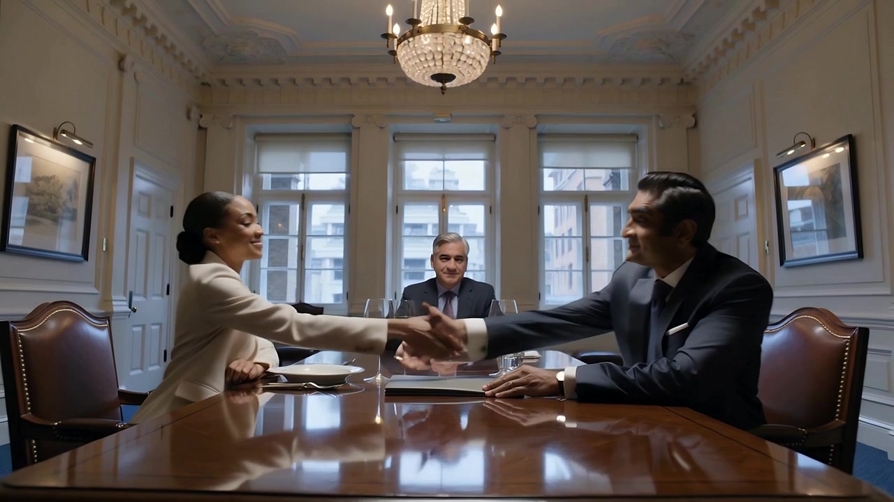 Sliding woman in blazer moving portfolio boardroom right reaching center suit watching