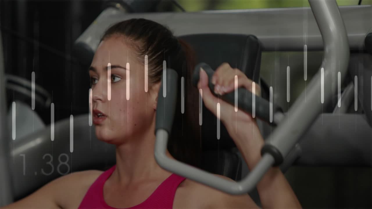 Woman adjusting grip and doing lat pulldowns in gym, waveform overlay tracking reps for strength